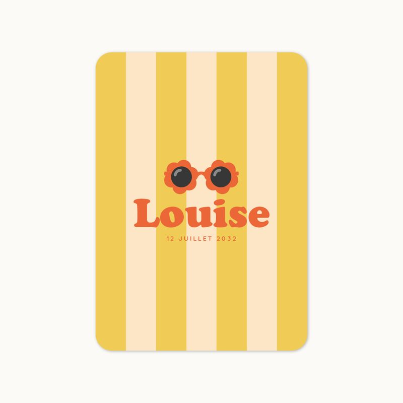 Faire-part de naissance Summertime avec lunettes de soleil fleuries orange, rayures jaunes et crème et typographie rétro.