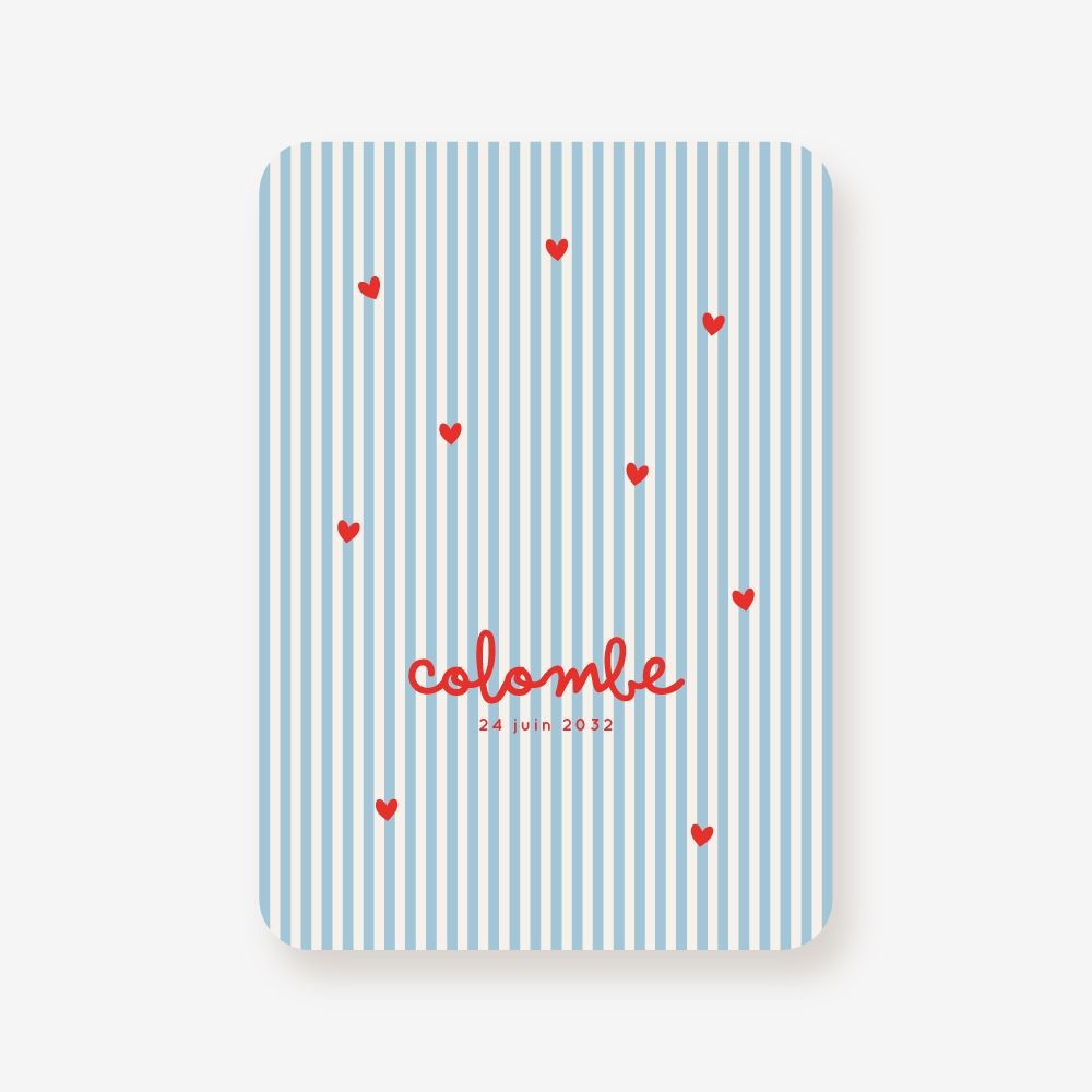 Faire-part de naissance marin à rayures bleues et cœurs rouges, modèle Bisou Salé.