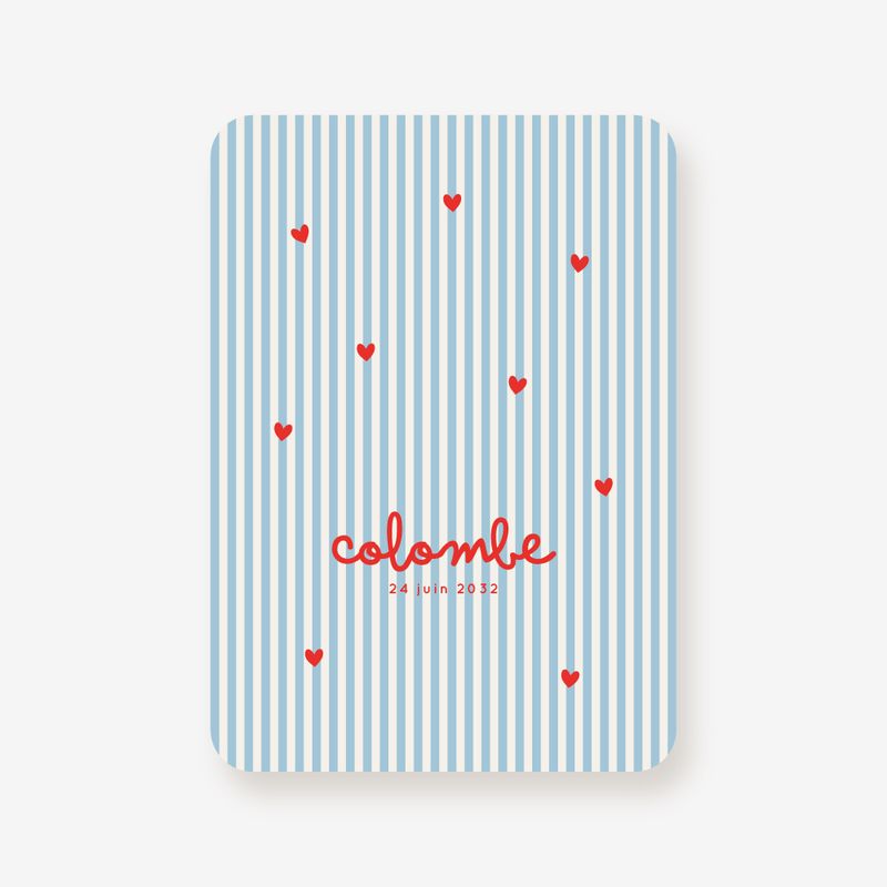 Faire-part de naissance marin à rayures bleues et cœurs rouges, modèle Bisou Salé.