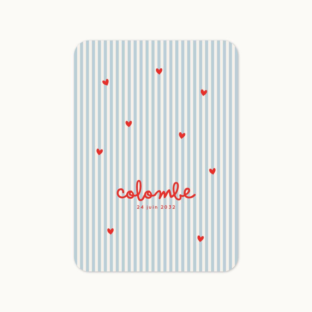 Faire-part de naissance marin à rayures bleues et cœurs rouges, modèle Bisou Salé.