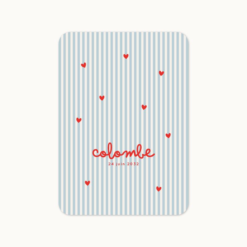Faire-part de naissance marin à rayures bleues et cœurs rouges, modèle Bisou Salé.