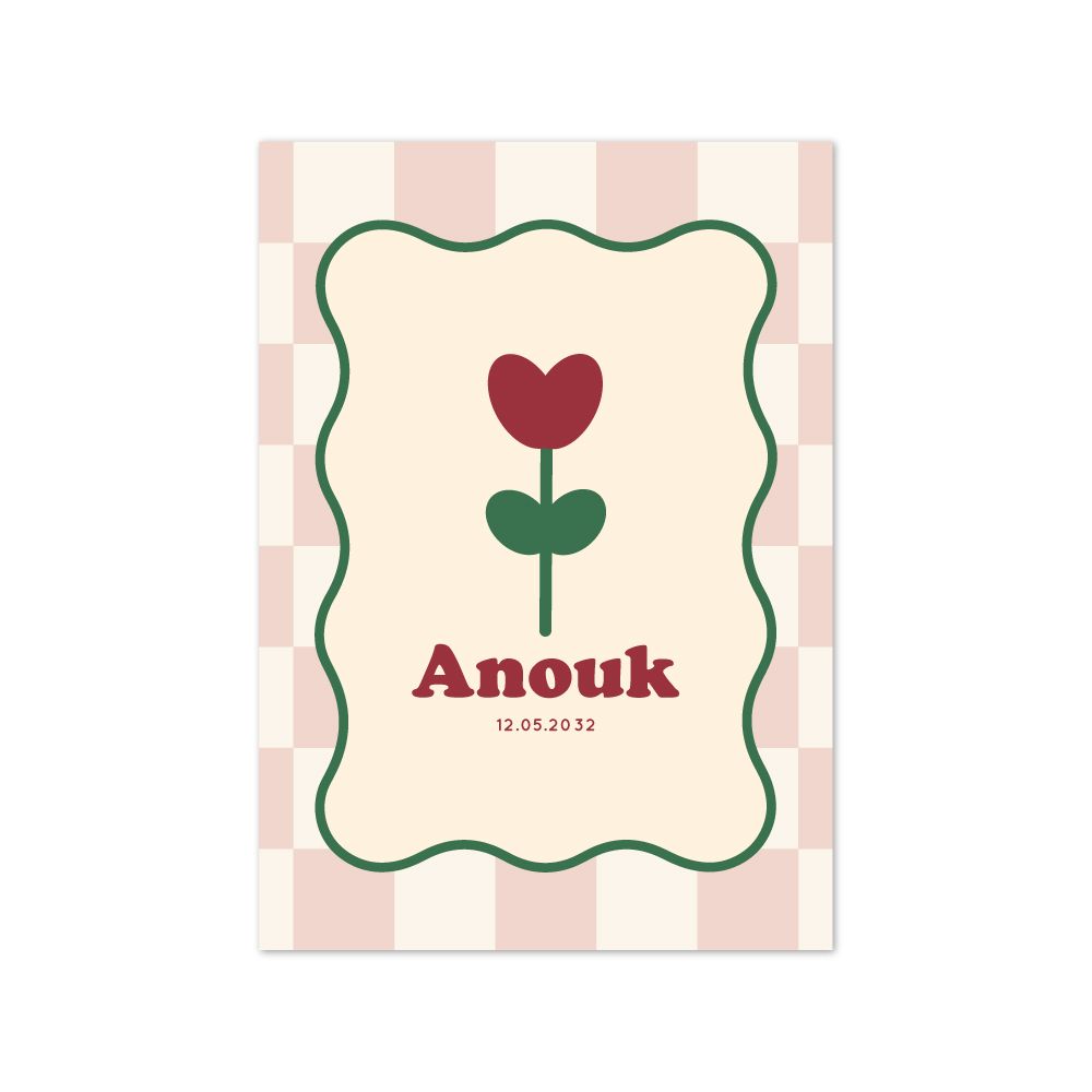 Faire-part naissance Petite Tulipe avec motif damier vichy rose et blanc et illustration tulipe rétro.
