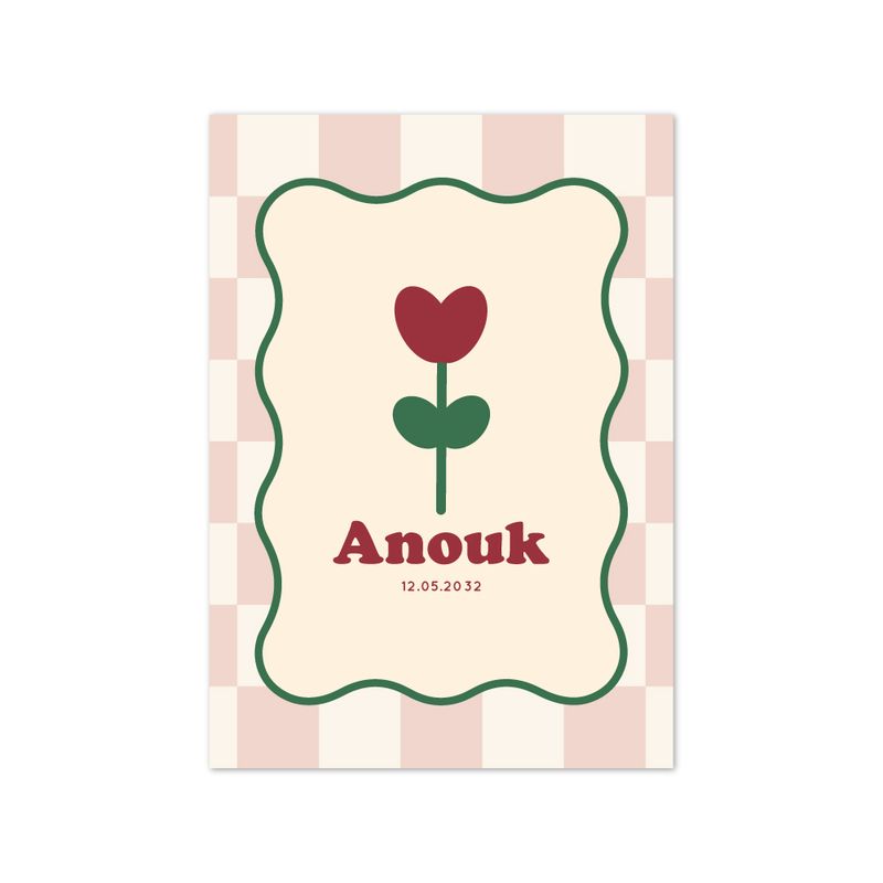 Faire-part naissance Petite Tulipe avec motif damier vichy rose et blanc et illustration tulipe rétro.