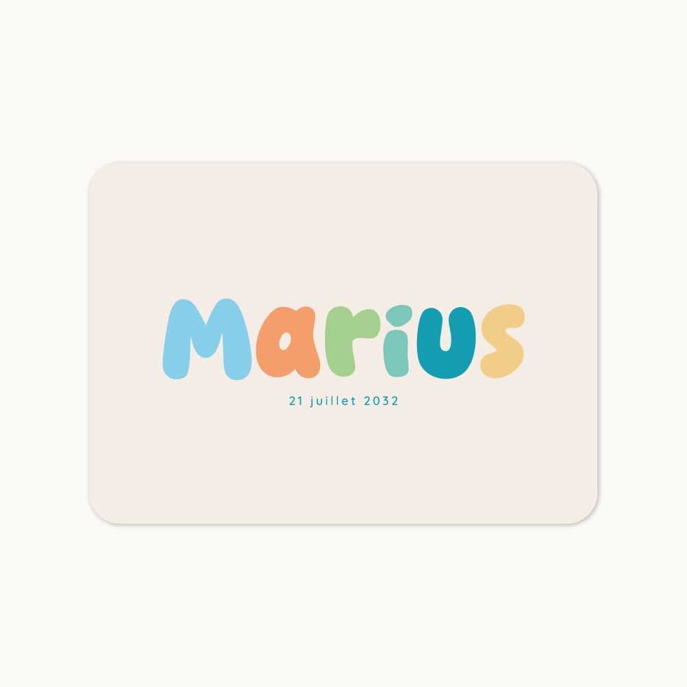 Faire-part de naissance Harmonie Colorée avec photo de bébé et prénom multicolore personnalisable.