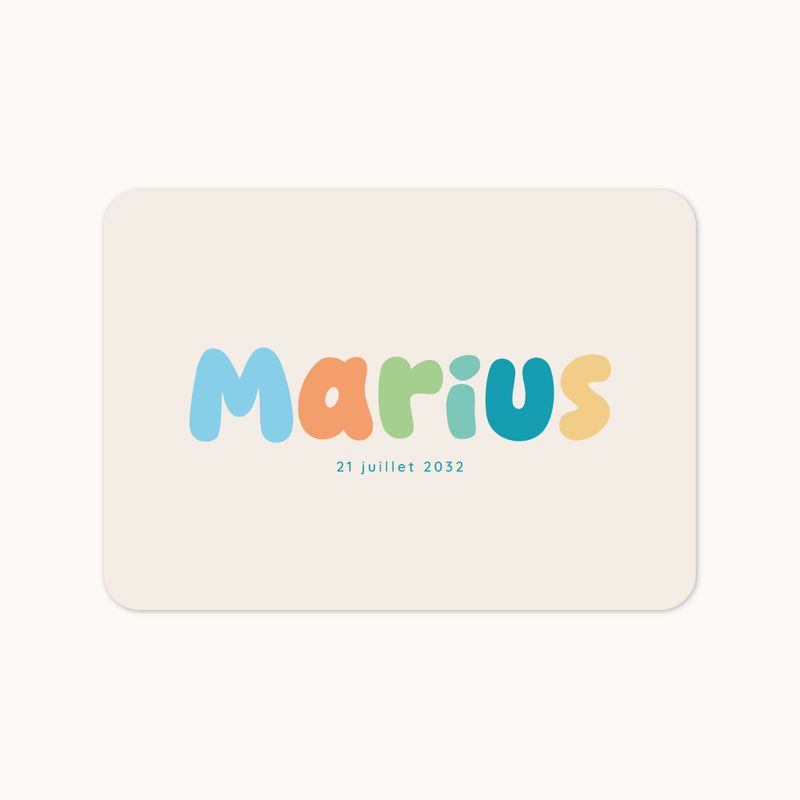 Faire-part de naissance Harmonie Colorée avec photo de bébé et prénom multicolore personnalisable.