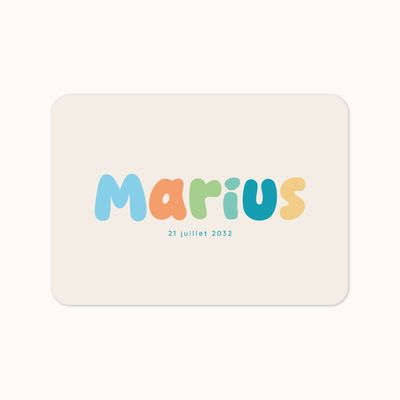 Faire-part de naissance Harmonie Colorée avec photo de bébé et prénom multicolore personnalisable.