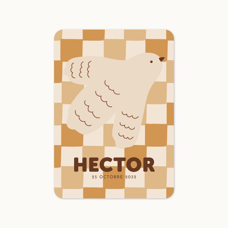 Faire-part de naissance Petit Messager avec colombe illustrée sur damier orange miel et crème.