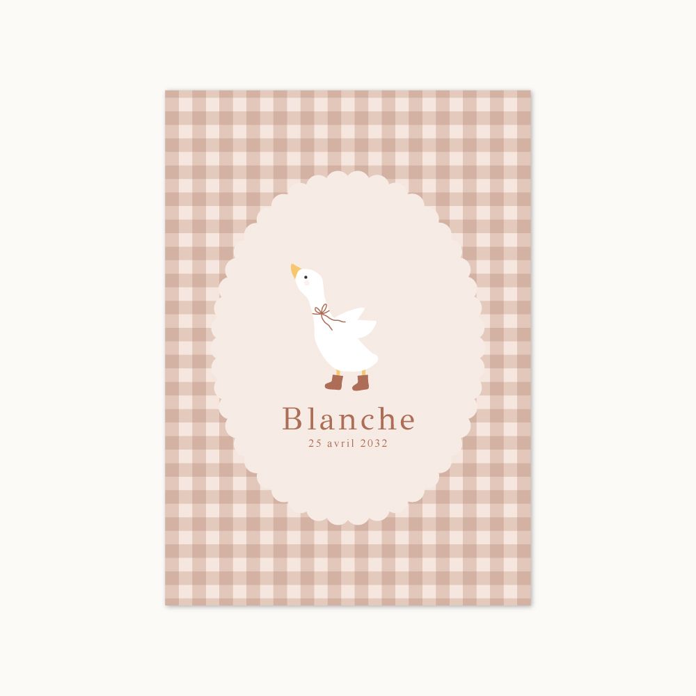 Faire-part de naissance Petite Oie Poudre Rosée avec motif vichy et illustration d’oie.