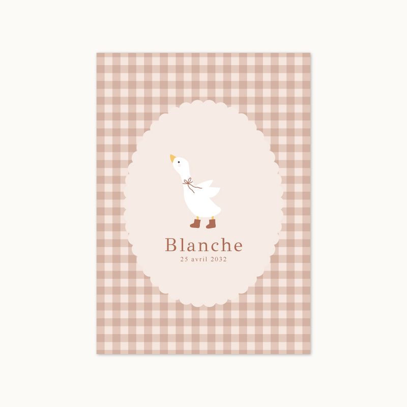 Faire-part de naissance Petite Oie Poudre Rosée avec motif vichy et illustration d’oie.