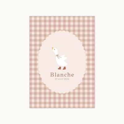 Faire-part de naissance Petite Oie Poudre Rosée avec motif vichy et illustration d’oie.