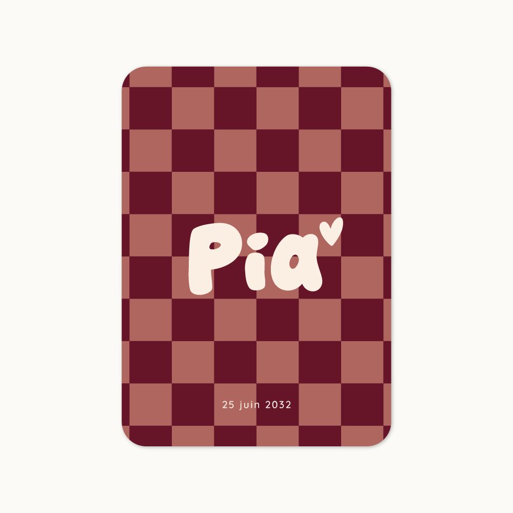 Faire-part de naissance Carré d’Enfance avec motif damier chaleureux.
