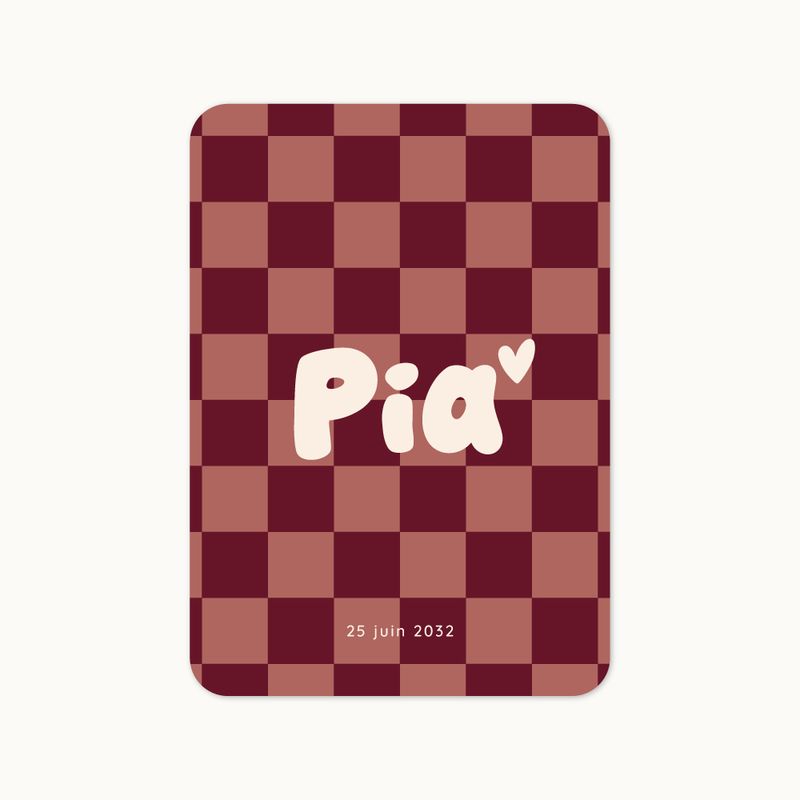 Faire-part de naissance Carré d’Enfance avec motif damier chaleureux.