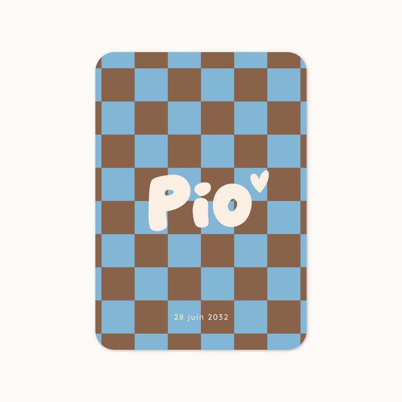 Faire-part de naissance Carré d’Enfance Caramel Chaud avec motif damier.