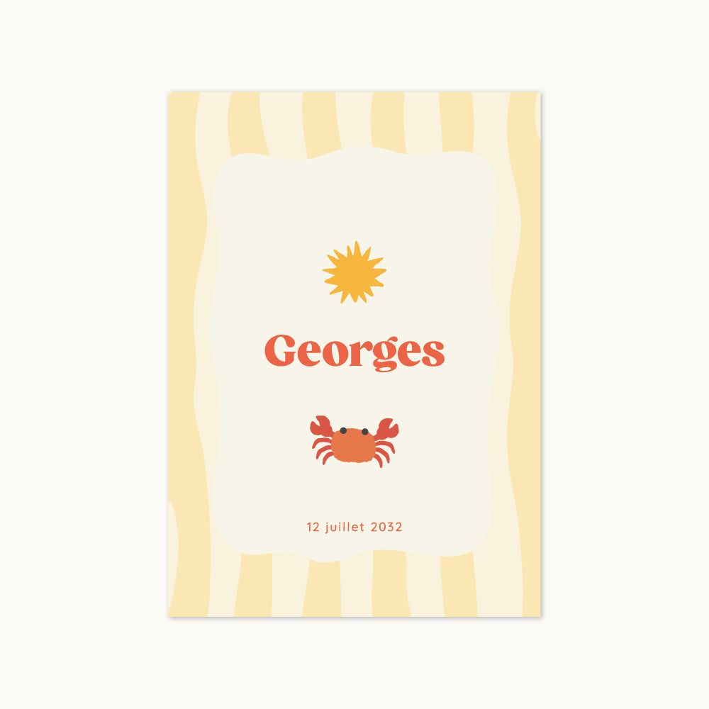 Faire-part de naissance Bain de Soleil aux rayures jaunes avec soleil, petit crabe et photo de bébé au verso.