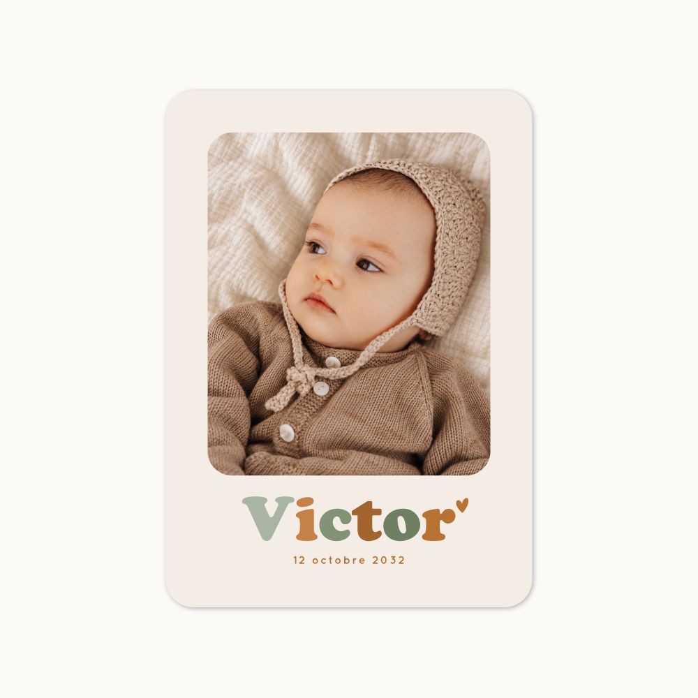Faire-part de naissance Petit Octobre avec deux photos de bébé et palette aux couleurs automnales.