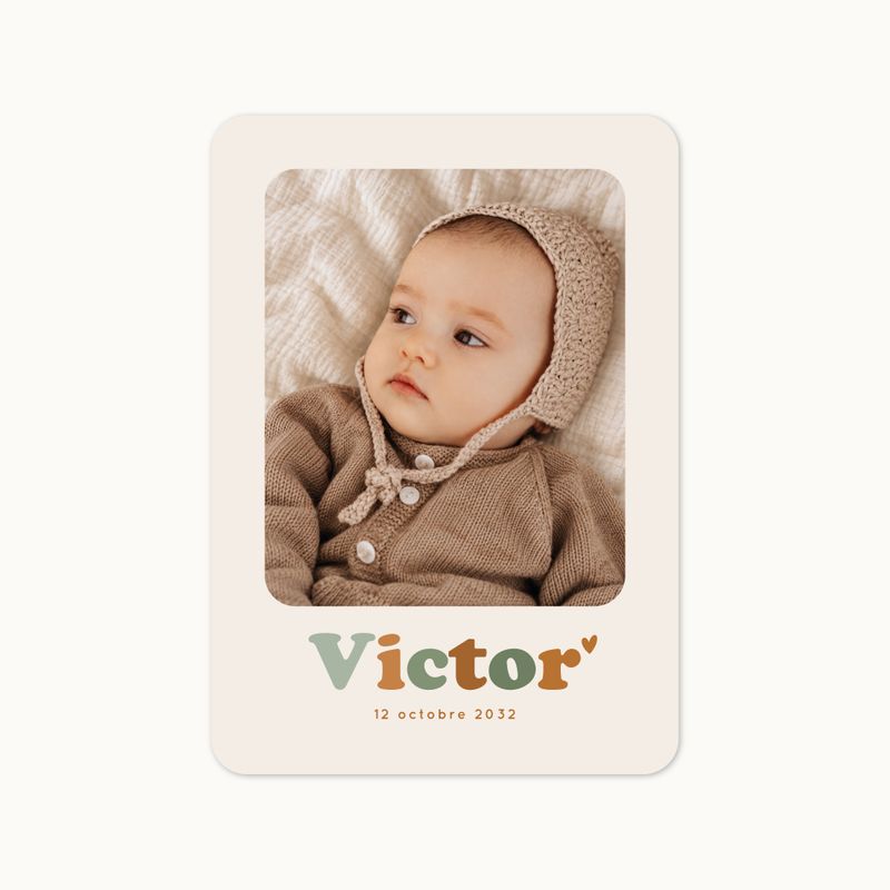 Faire-part de naissance Petit Octobre avec deux photos de bébé et palette aux couleurs automnales.