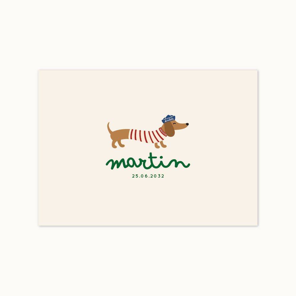 Faire-part de naissance Teckel Club avec chien teckel en marinière rouge et crème, prénom Martin en vert et photographie de b