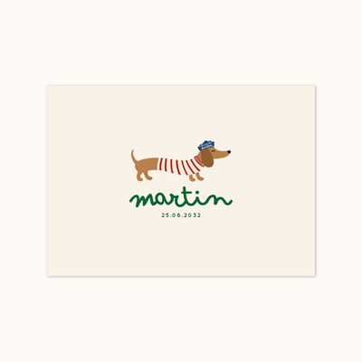Faire-part de naissance Teckel Club avec chien teckel en marinière rouge et crème, prénom Martin en vert et photographie de b