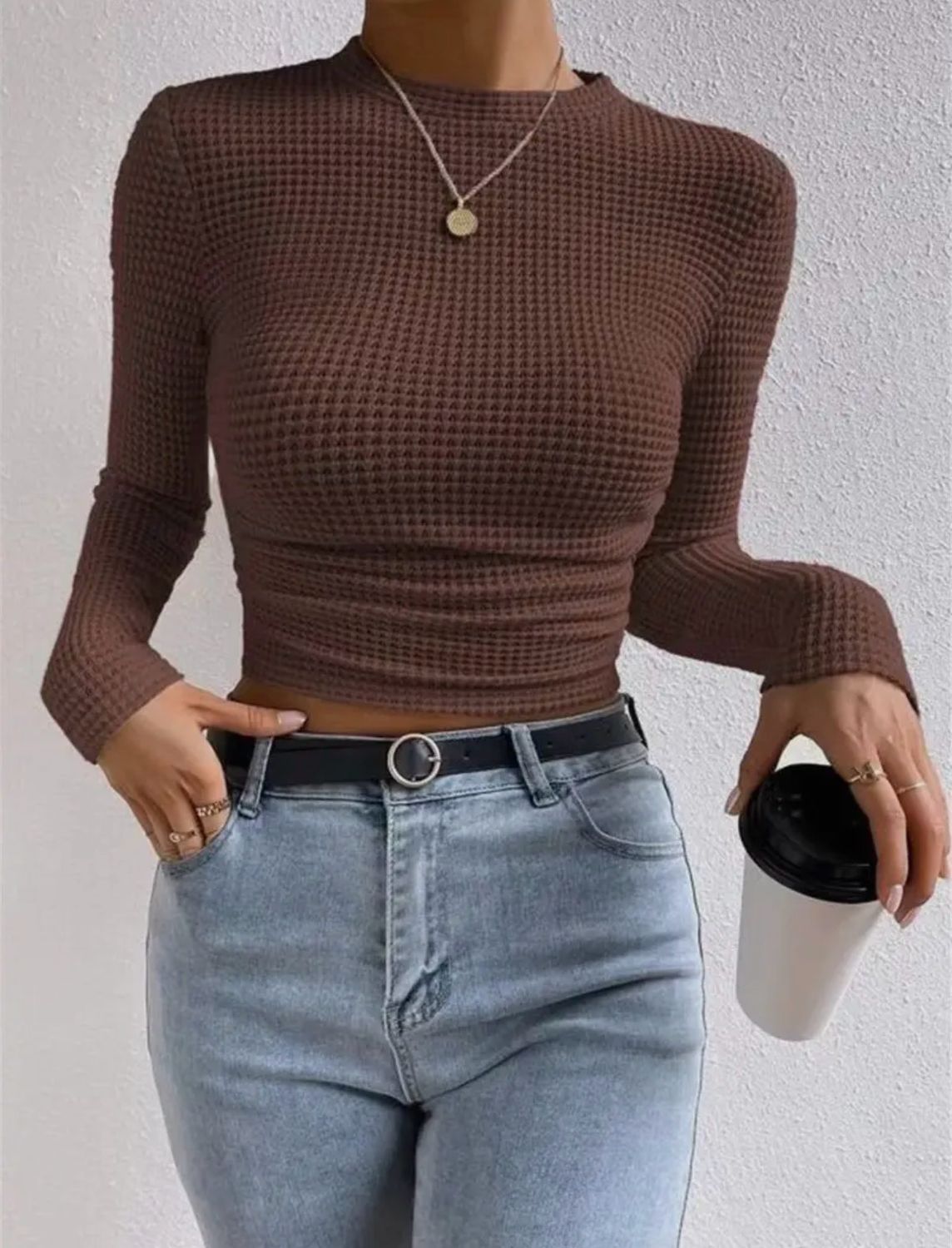 Waffle Knit Fitted Ruched Top