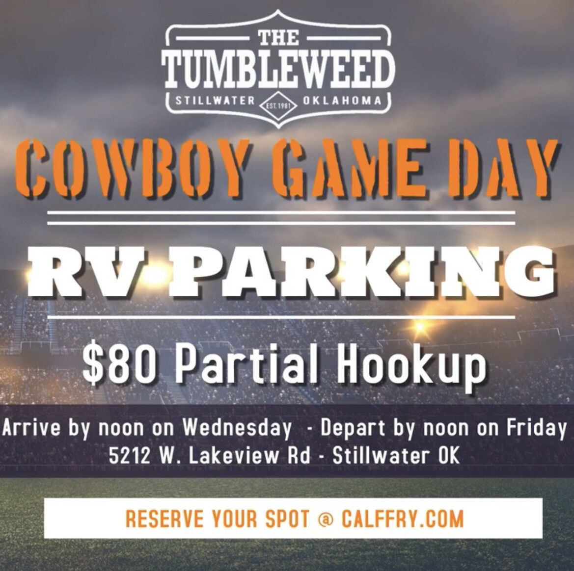 Cowboy Game Day RV Parking (PARTIAL HOOKUP) Oklahoma State Vs. Central Michigan September 1, 2022