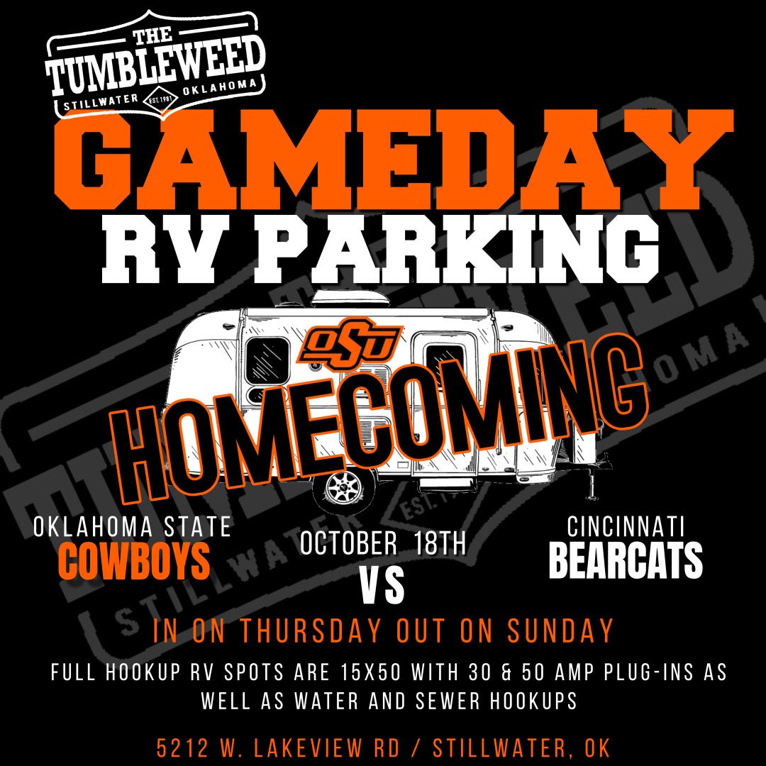 Cowboy Game Day RV Parking (FULL HOOKUP) Oklahoma State Vs. Cincinnati October 18, 2025