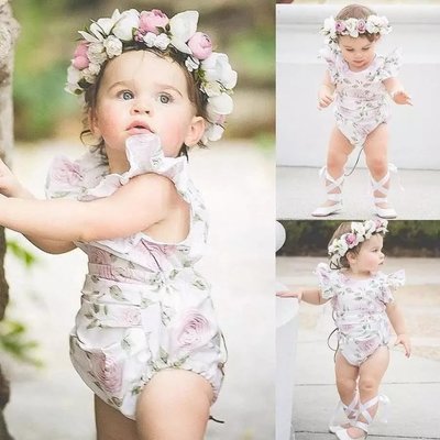 Newborn Infant Baby Girl Romper Flower Print Backless Jumpsuit ~ No Headband