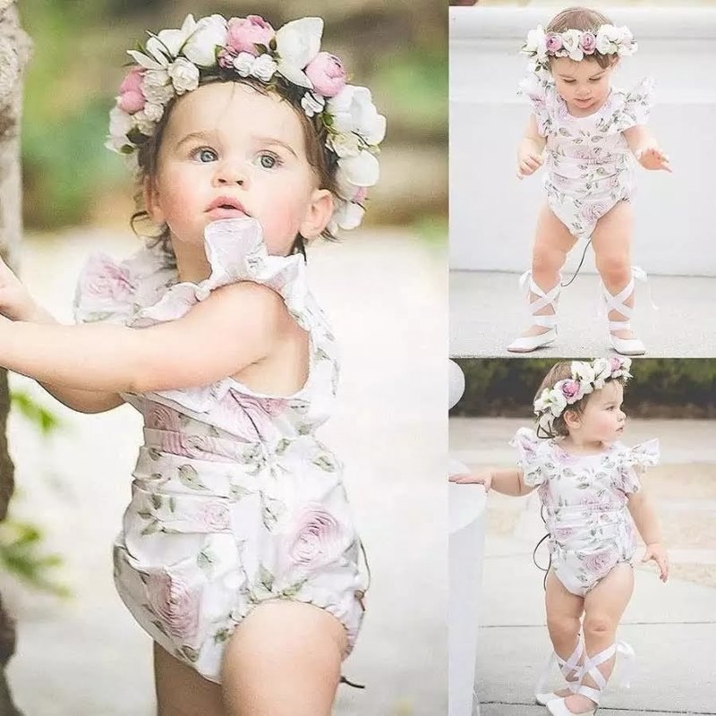 Newborn Infant Baby Girl Romper Flower Print Backless Jumpsuit ~ No Headband