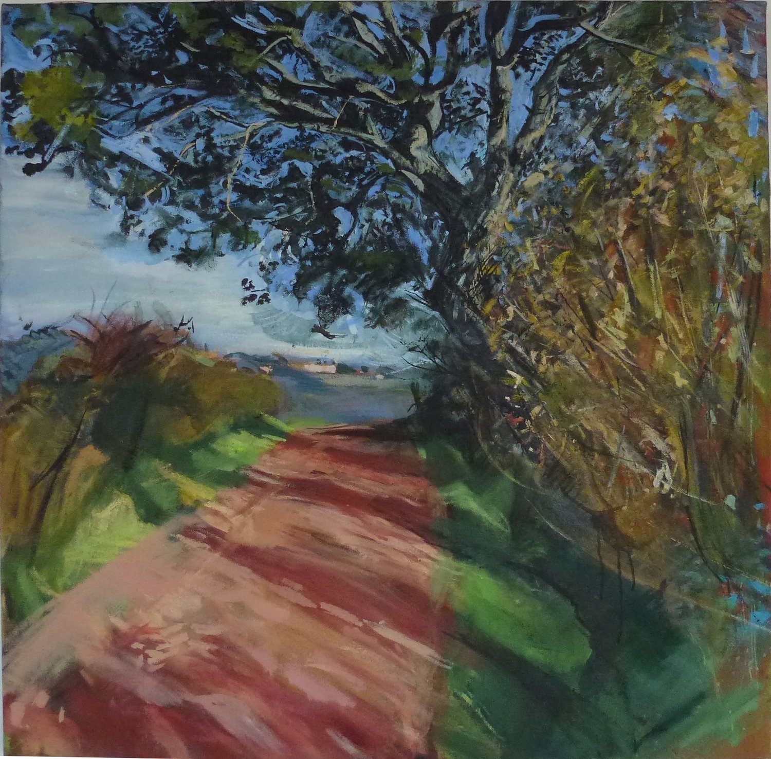 Red Road and Tree at Mezzano, oil on canvas 91x91cm 36"x36"