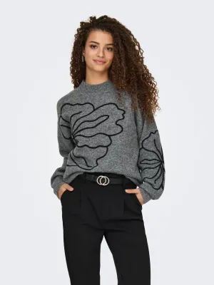 JDYJella L/S Flower Pullover Knit (Dark Grey Melange) JDY