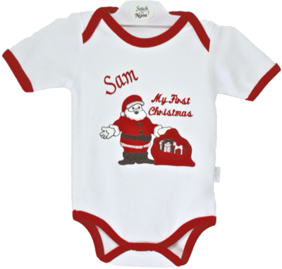 My first christmas vest with santa and presents