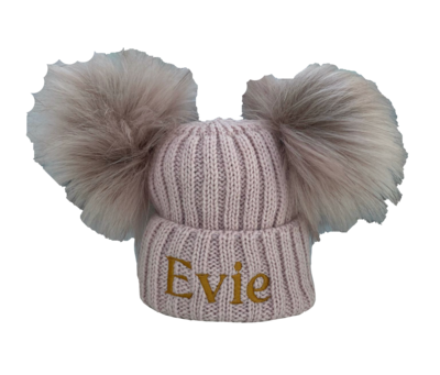Personalised Rose pink Double Pom Pom Hat
