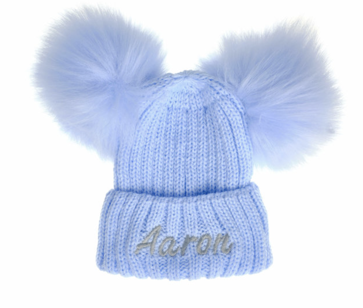 Personalised Baby Blue Double Pom Pom Hat