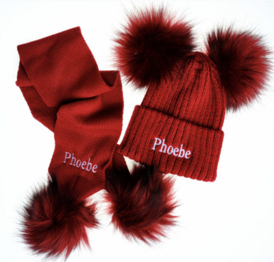Luxury deep red Pom Pom scarf and Hat