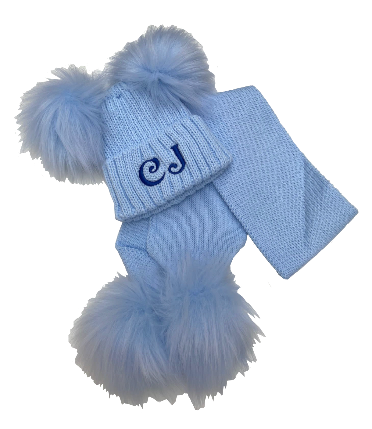 Personalised Baby Blue Pom Pom Scarf and Hat