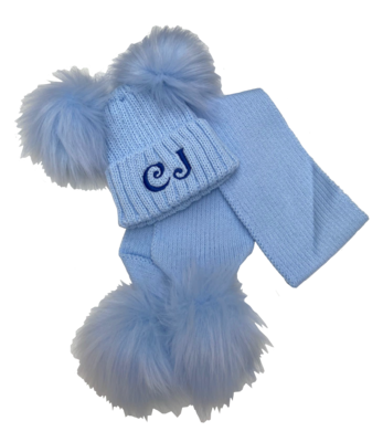 Personalised Baby Blue Pom Pom Scarf and Hat