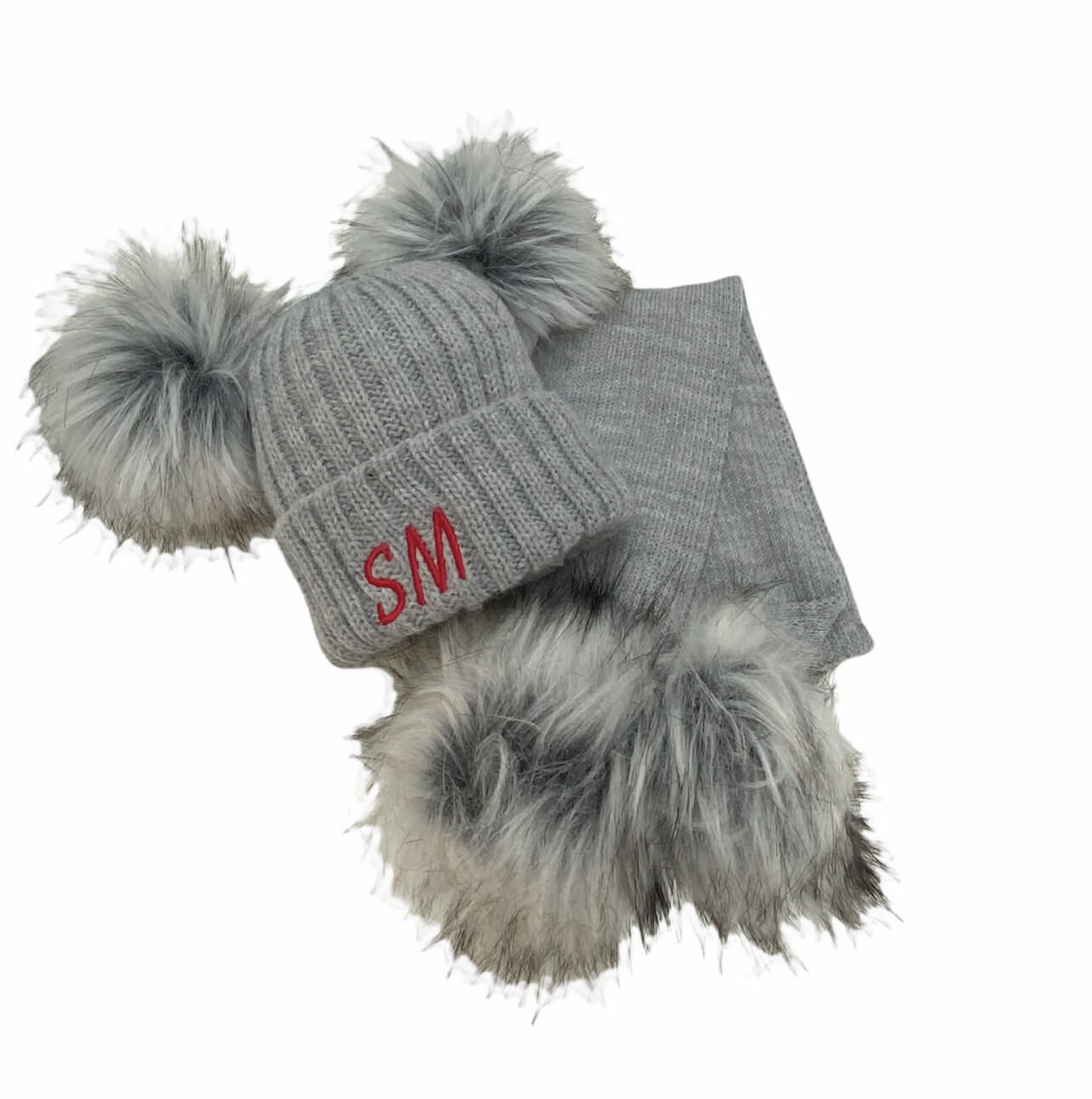 Luxury grey Pom Pom scarf and Hat