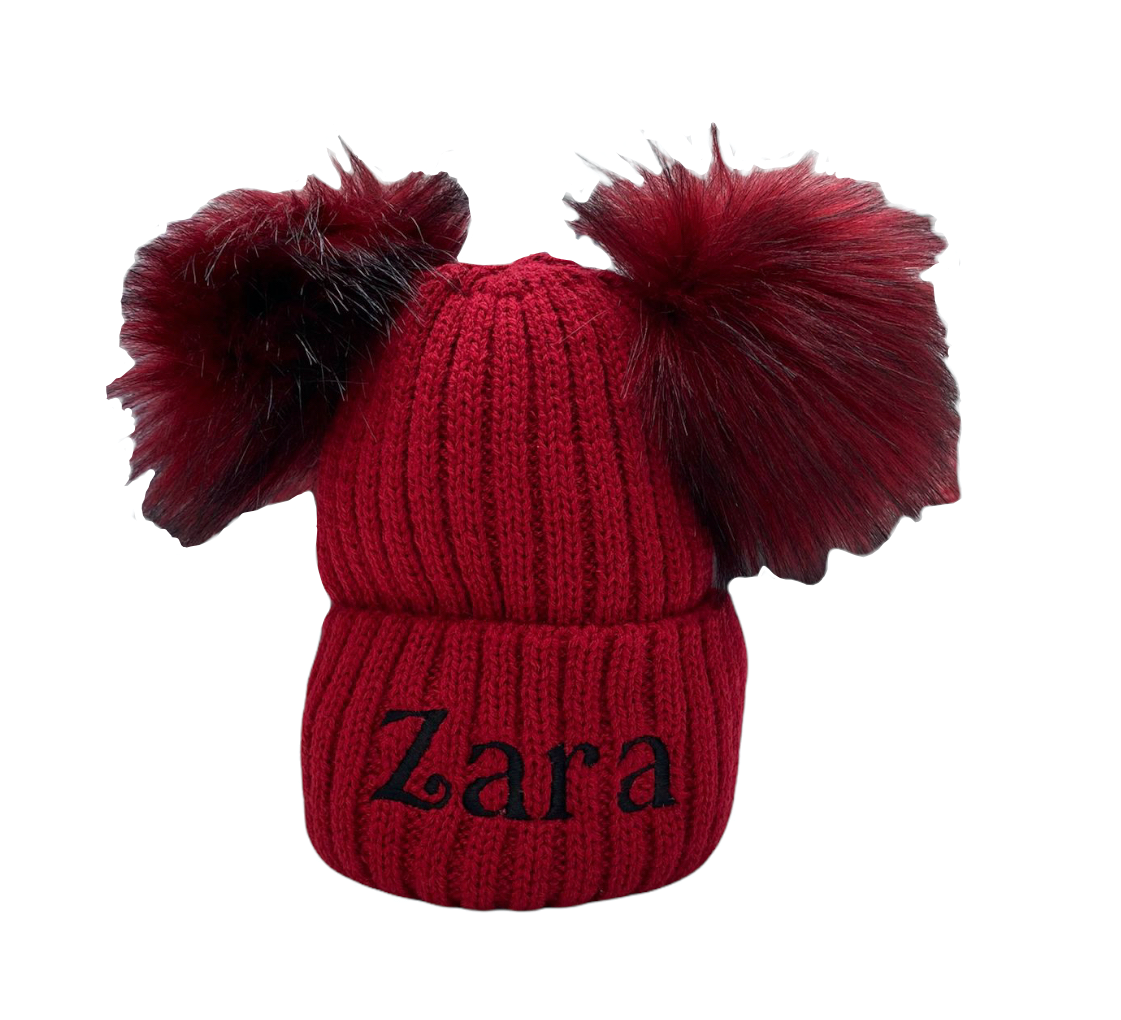 Personalised Deep Red Double Pom Pom Hat