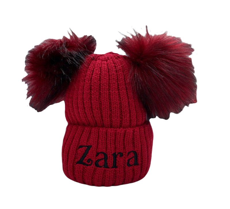 Personalised Deep Red Double Pom Pom Hat