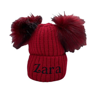 Personalised Deep Red Double Pom Pom Hat