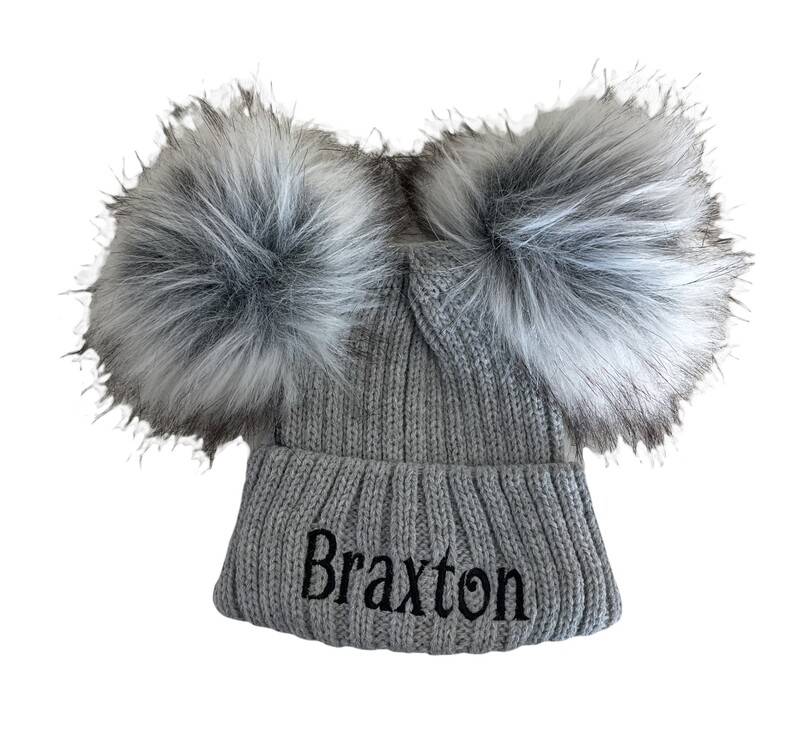 Personalised Grey Double Pom Pom Hat
