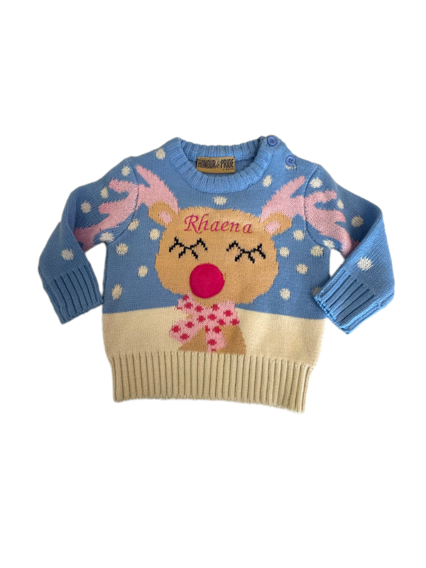 Children&#39;s Blue and Pink Rudolph Christmas Jumper