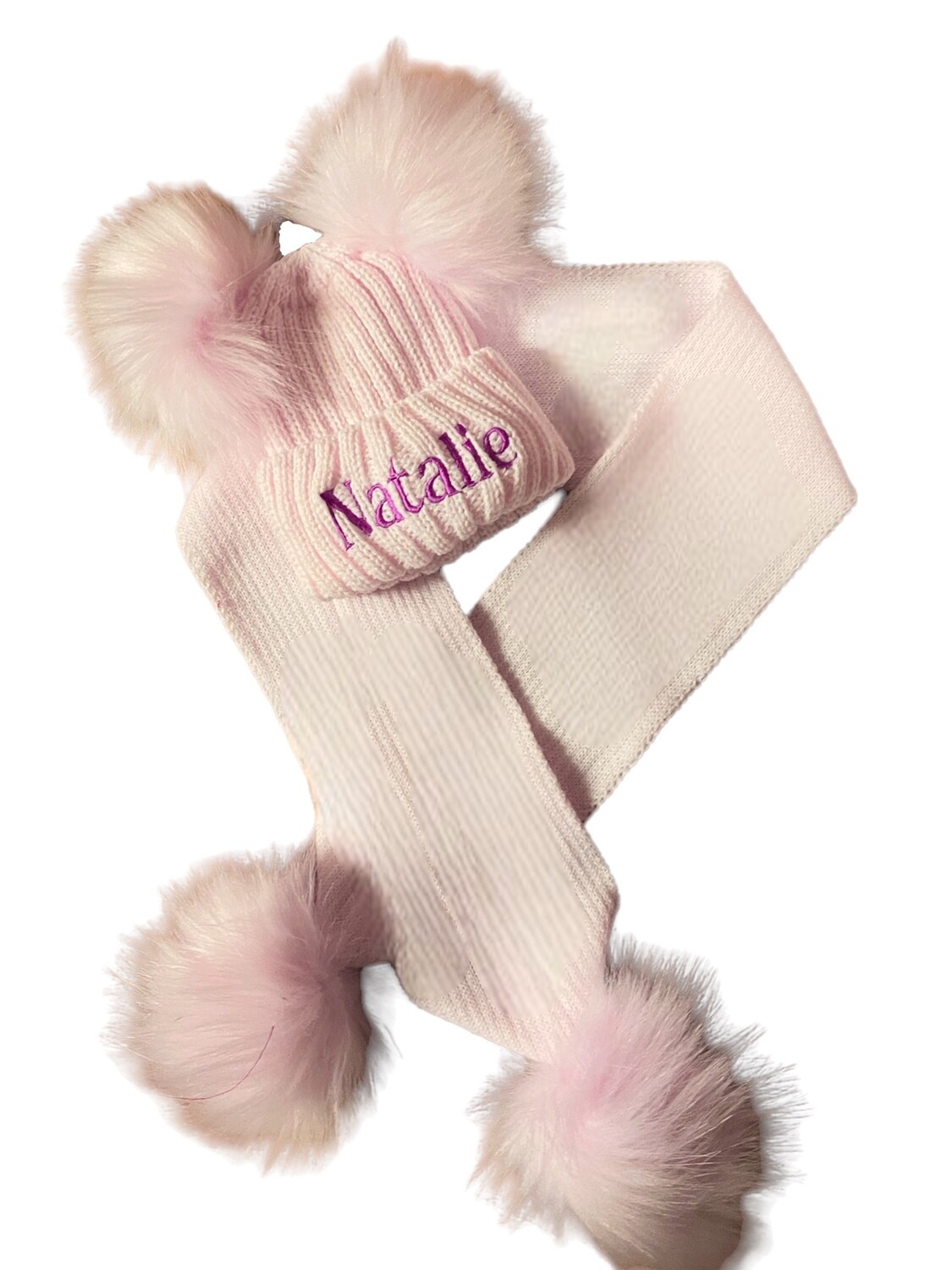 Personalised Baby Pink Pom Pom Scarf and Hat