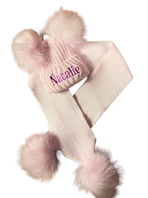 Personalised Baby Pink Pom Pom Scarf and Hat