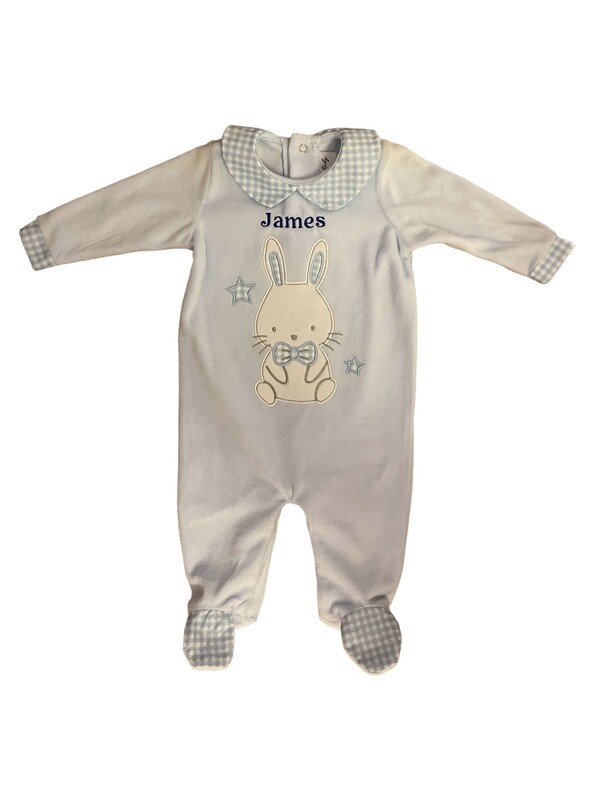 Blue Velour Bunny Baby Grow