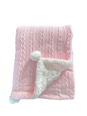 Personalised Pink Knitted  Fleece lined Pom Pom Blanket