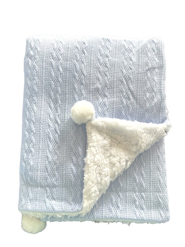Personalised Blue Knitted  Fleece lined Pom Pom Blanket