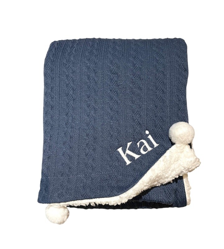 Personalised Navy Knitted Fleece lined Pom Pom Blanket