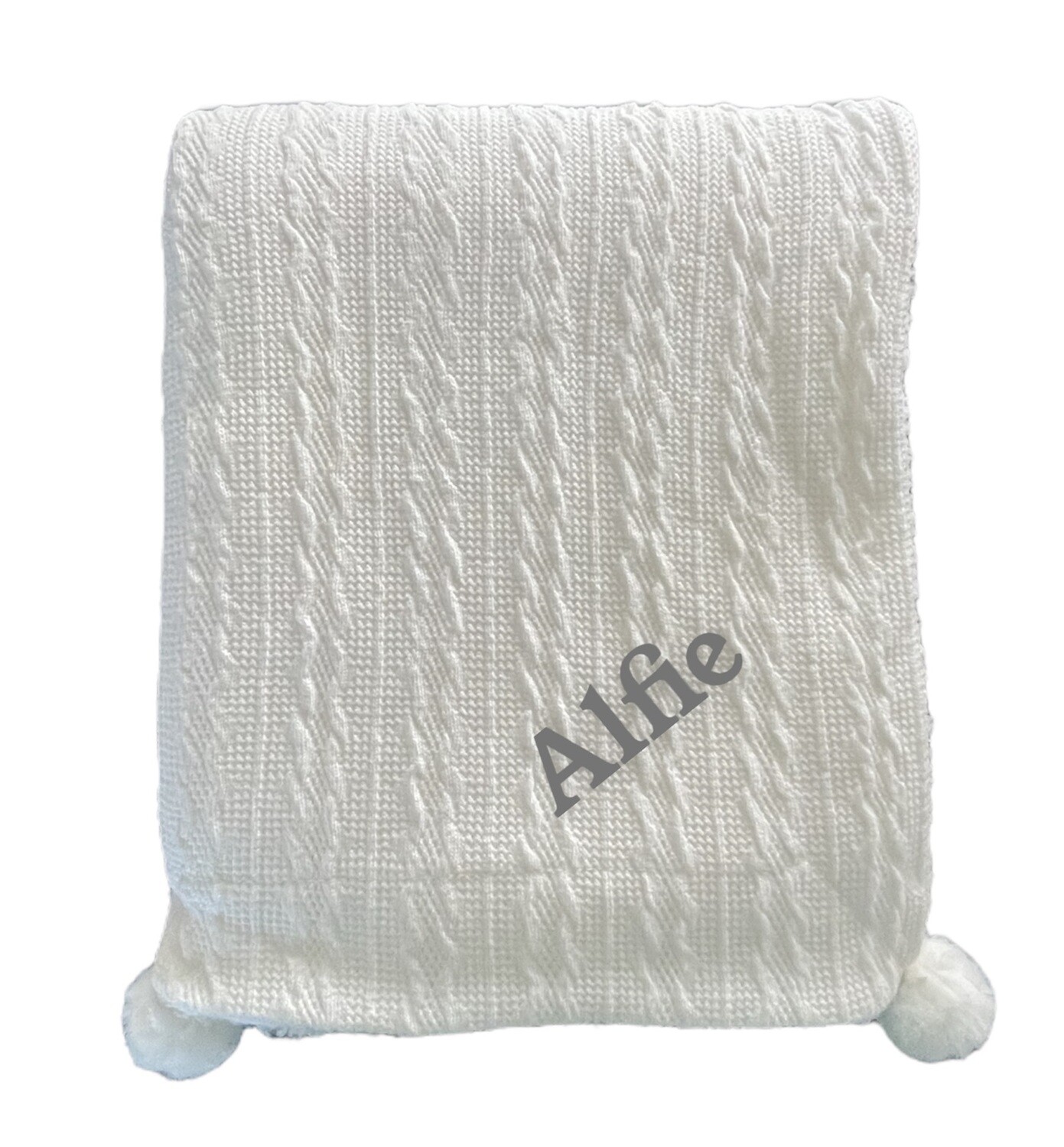 Personalised White Knitted  Fleece lined Pom Pom Blanket