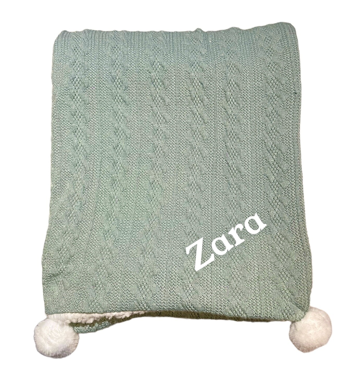Personalised Sage Green Knitted Fleece lined Pom Pom Blaket