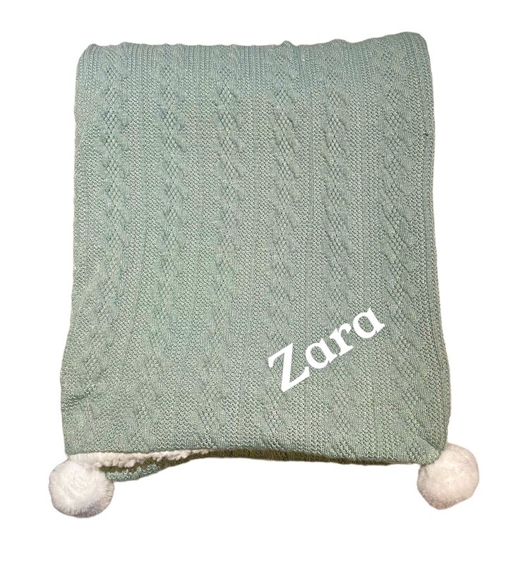 Personalised Sage Green Knitted  Fleece lined Pom Pom Blaket